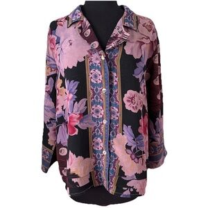 Citron Santa Monica Floral Peacock Silk Jacquard Blouse 3/4 Sleeves PXL